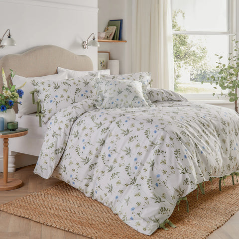 Meadow 100% Cotton Floral Duvet Cover Set White/Cornflower - Double
