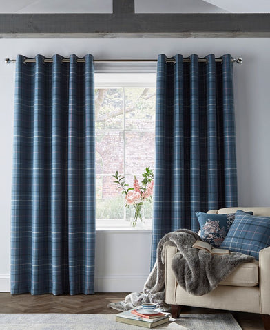 Alfriston Dark Seaspray 88"x90" Check Blackout Lined Eyelet Curtains