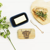 Highland Cow Oak & Ceramic Butter Dish Blue