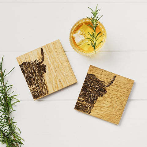 Etched Highland Cow Oak Coasters - Set of 2