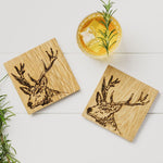 Etched Stag Oak Coasters - Set of 2